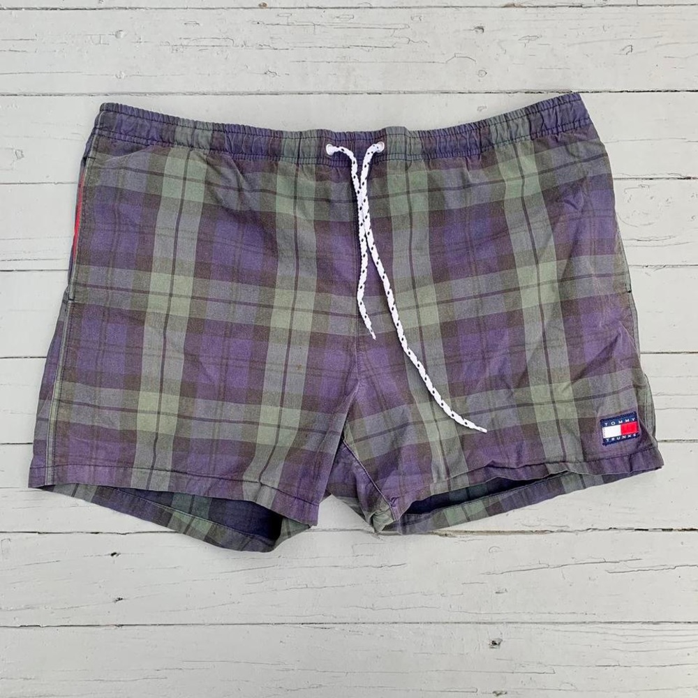 Vintage Cotton Green/Blue Tommy Hilfiger Plaid Swim Shorts Trunks
